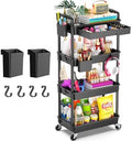 4 Tier Rolling Utility Cart Organizer with Removable Drawer, Black in Black