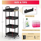 4 Tier Rolling Utility Cart Organizer with Removable Drawer, Black in Black, alternate view 2