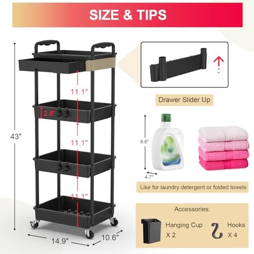 4 Tier Rolling Utility Cart Organizer with Removable Drawer, Black in Black, alternate view 2