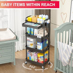 4 Tier Rolling Utility Cart Organizer with Removable Drawer, Black in Black, alternate view 6