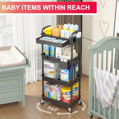 4 Tier Rolling Utility Cart Organizer with Removable Drawer, Black in Black, alternate view 6