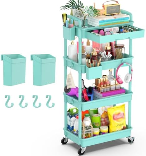 4 Tier Rolling Utility Cart Organizer with Removable Drawer, Blue in Blue