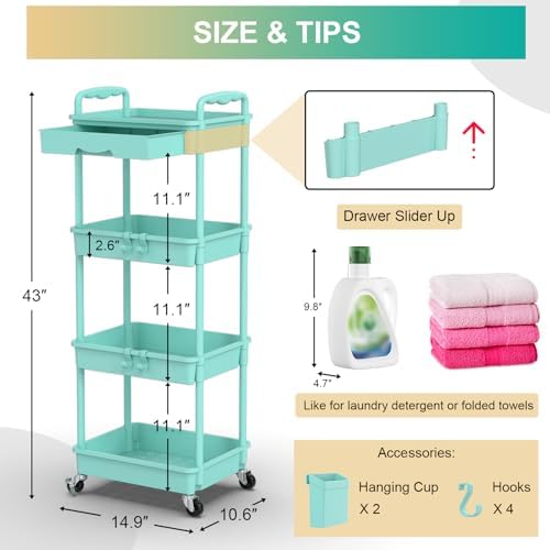 4 Tier Rolling Utility Cart Organizer with Removable Drawer, Blue in Blue, alternate view 2