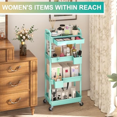 4 Tier Rolling Utility Cart Organizer with Removable Drawer, Blue in Blue, alternate view 5