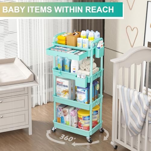 4 Tier Rolling Utility Cart Organizer with Removable Drawer, Blue in Blue, alternate view 6