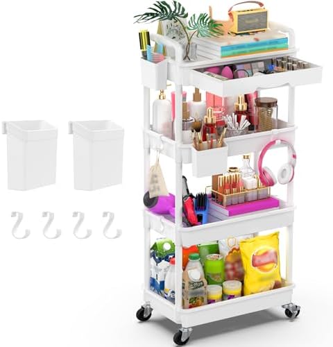 4 Tier Rolling Utility Cart Organizer with Removable Drawer, White in White