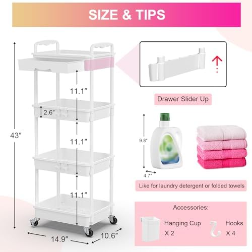 4 Tier Rolling Utility Cart Organizer with Removable Drawer, White in White, alternate view 2