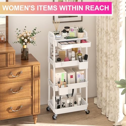 4 Tier Rolling Utility Cart Organizer with Removable Drawer, White in White, alternate view 5