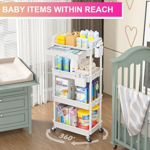 4 Tier Rolling Utility Cart Organizer with Removable Drawer, White in White, alternate view 6