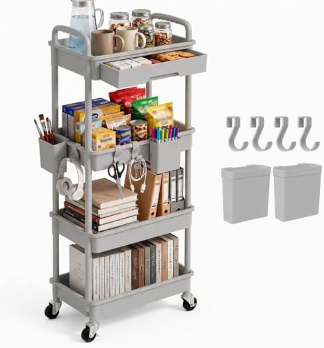 4 Tier Rolling Utility Cart with Drawer, Plastic Storage Organizer Rolling Carts with Wheels Handles Hanging