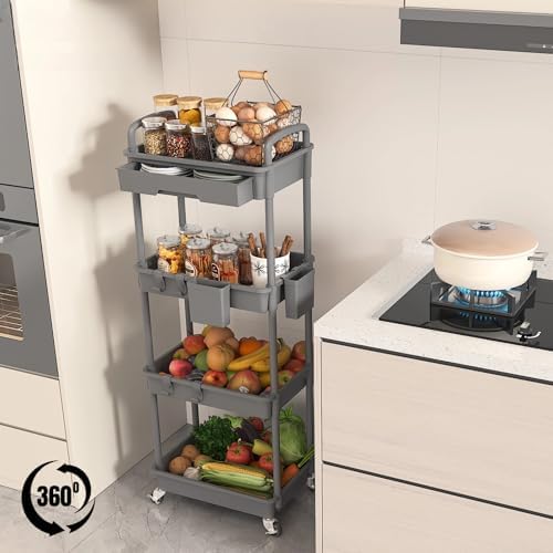 4 Tier Rolling Utility Cart with Drawer, Plastic Storage Organizer Rolling Carts with Wheels Handles Hanging, alternate view