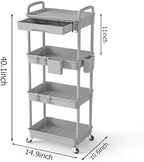 4 Tier Rolling Utility Cart with Drawer, Plastic Storage Organizer Rolling Carts with Wheels Handles Hanging, alternate view