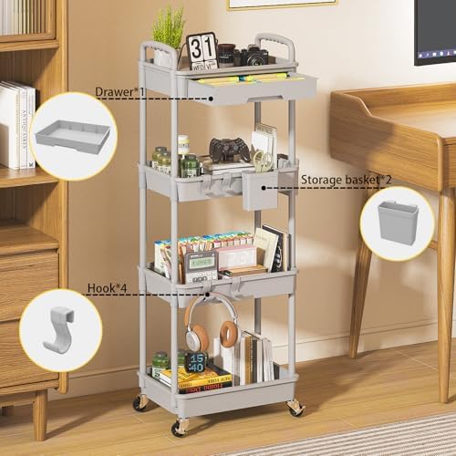 4 Tier Rolling Utility Cart with Drawer, Plastic Storage Organizer Rolling Carts with Wheels Handles Hanging, alternate view