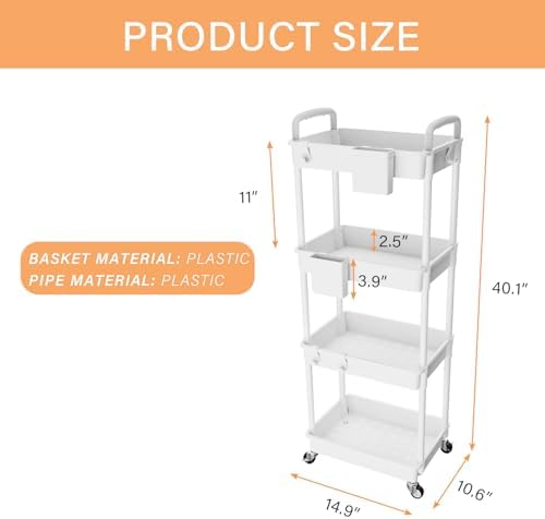 4 Tier Rolling Utility Cart with Handle, Utility Cart Made of Multifunctional Storage Organizer Tool for, alternate view 3