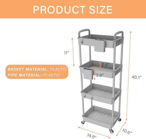 4 Tier Rolling Utility Cart with Handle, Utility Cart Made of Multifunctional Storage Organizer Tool for, alternate view 3