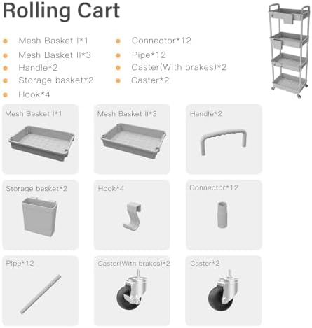 4 Tier Rolling Utility Cart with Handle, Utility Cart Made of Multifunctional Storage Organizer Tool for, alternate view 5