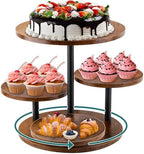 4-Tier Rotating Wood, 360° Rustic Farmhouse Cake Tower with Tiered Trays, Elegant Dessert Display for Weddings