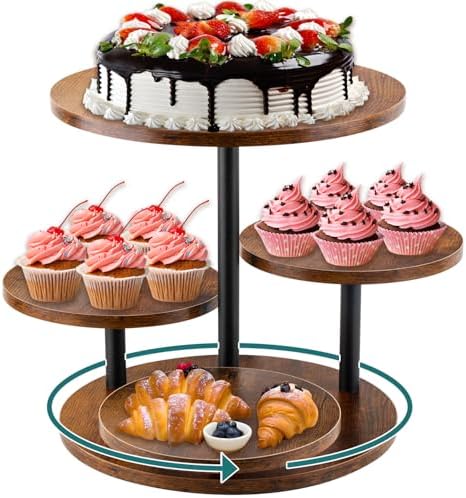 4-Tier Rotating Wood, 360° Rustic Farmhouse Cake Tower with Tiered Trays, Elegant Dessert Display for Weddings