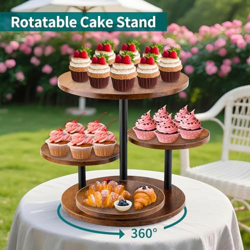 4-Tier Rotating Wood, 360° Rustic Farmhouse Cake Tower with Tiered Trays, Elegant Dessert Display for Weddings, alternate