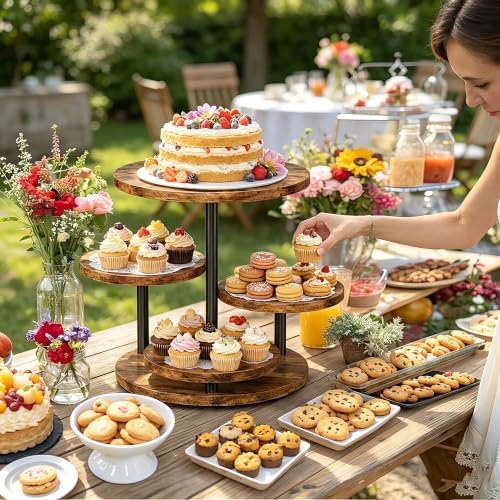 4 Tier Rotating Wooden Cupcake Tower Stand, Round 360° Rotatable Dessert Tiered Tray Display Holds 50 Cupcakes, alternate