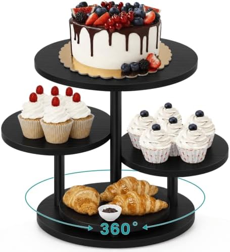 4 Tier Round Cupcake Stand, Wooden Cup Cake Tower with Tiered Cookie Serving Tray, 360°Rotatable Cake Stand for
