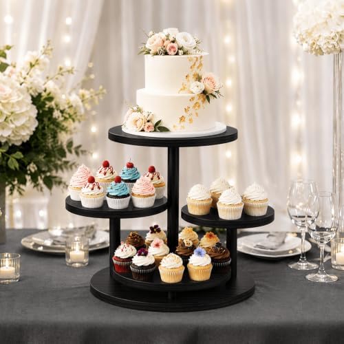 4 Tier Round Cupcake Stand, Wooden Cup Cake Tower with Tiered Cookie Serving Tray, 360°Rotatable Cake Stand for, alternate