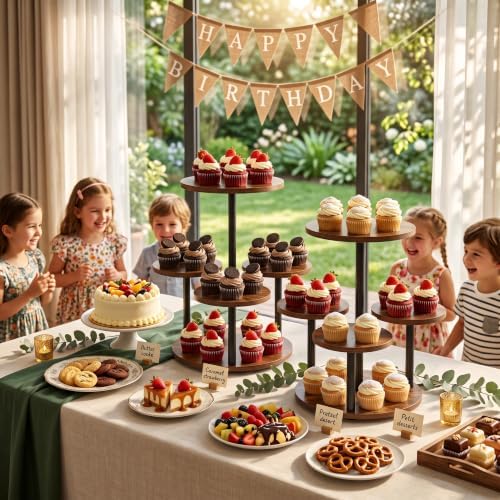 4 Tier Round Cupcake Tower Stand for 50 Cupcakes, 360° Rotating Wood Cake Stand with Tiered Trays, Farmhouse, alternate view