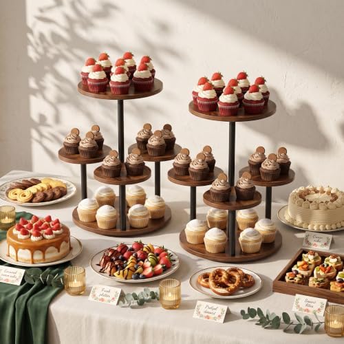 4 Tier Round Cupcake Tower Stand for 50 Cupcakes, 360° Rotating Wood Cake Stand with Tiered Trays, Farmhouse, alternate view