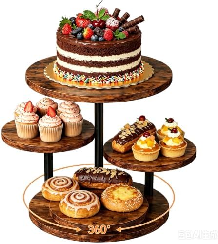 4 Tier Round Cupcake Tower Stand, Wooden 360° Rotating Large Cake Stand in Brown