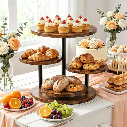 4 Tier Round Cupcake Tower Stand, Wooden 360° Rotating Large Cake Stand in Brown, alternate view 2