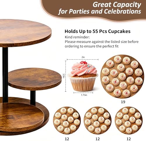 4 Tier Round Cupcake Tower Stand, Wooden 360° Rotating Large Cake Stand in Brown, alternate view 3