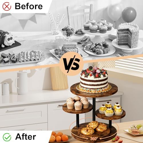 4 Tier Round Cupcake Tower Stand, Wooden 360° Rotating Large Cake Stand in Brown, alternate view 4