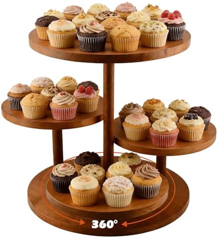 4 Tier Round Cupcake Tower Stand Wooden Cupcake Stands for 50 Cupcakes 360° Rotating Wood Dessert Display with