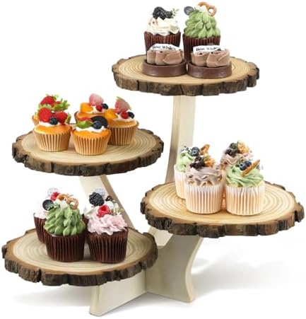 4 Tier Round Natural Wood Cupcake Dessert Stand, Cup Cake Tower Stand Holder, Wooden Cake Display Tiered