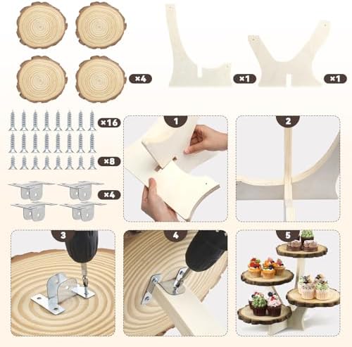 4 Tier Round Natural Wood Cupcake Dessert Stand, Cup Cake Tower Stand Holder, Wooden Cake Display Tiered, alternate view 4