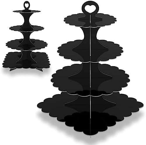 4-Tier Round & Square Cupcake Stand, 2-Pack Sturdy Cardboard Holder for 24/50 Cupcakes | Black Display for