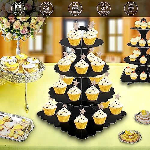 4-Tier Round & Square Cupcake Stand, 2-Pack Sturdy Cardboard Holder for 24/50 Cupcakes | Black Display for, alternate view 4