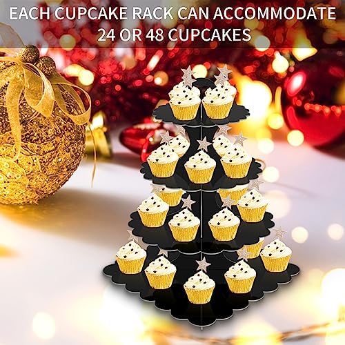 4-Tier Round & Square Cupcake Stand, 2-Pack Sturdy Cardboard Holder for 24/50 Cupcakes | Black Display for, alternate view 5
