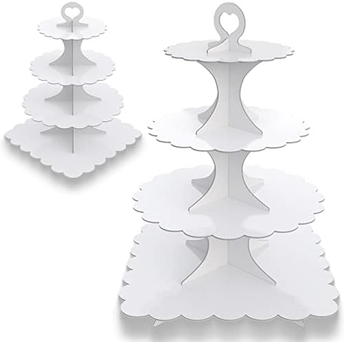 4-Tier Round & Square Cupcake Stand, 2-Pack White - Sturdy Disposable Cardboard for Parties, Weddings, Baking