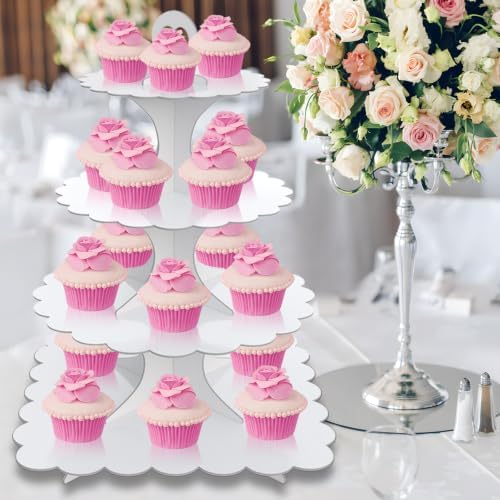 4-Tier Round & Square Cupcake Stand, 2-Pack White - Sturdy Disposable Cardboard for Parties, Weddings, Baking, alternate view