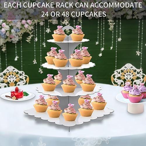 4-Tier Round & Square Cupcake Stand, 2-Pack White - Sturdy Disposable Cardboard for Parties, Weddings, Baking, alternate view