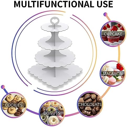 4-Tier Round & Square Cupcake Stand, 2-Pack White - Sturdy Disposable Cardboard for Parties, Weddings, Baking, alternate view