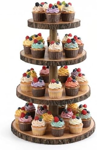 4 Tier Rustic Wood Cupcake Stand with Natural Bark, Varnish Finish, for Wedding, Birthday, Farmhouse Party in