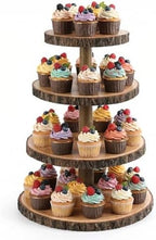 4 Tier Rustic Wood Cupcake Stand with Natural Bark, Varnish Finish, for Wedding, Birthday, Farmhouse Party in