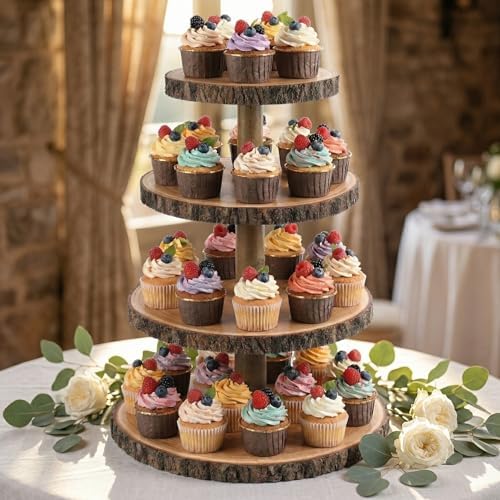 4 Tier Rustic Wood Cupcake Stand with Natural Bark, Varnish Finish, for Wedding, Birthday, Farmhouse Party in, alternate view