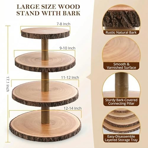 4 Tier Rustic Wood Cupcake Stand with Natural Bark, Varnish Finish, for Wedding, Birthday, Farmhouse Party in, alternate view
