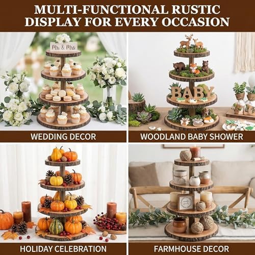 4 Tier Rustic Wood Cupcake Stand with Natural Bark, Varnish Finish, for Wedding, Birthday, Farmhouse Party in, alternate view