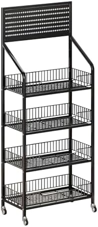 4 Tier Supermaket Snack Rack Display Stand, Free-Standing Black Retail Display Shelves with 12 Hooks & 4 Wheels