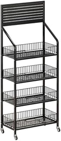 4 Tier Supermaket Snack Rack Display Stand, Free-Standing Black Retail Display Shelves with 12 Hooks & 4 Wheels