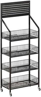 4 Tier Supermaket Snack Rack Display Stand, Free-Standing Black Retail Display Shelves with 12 Hooks & 4 Wheels